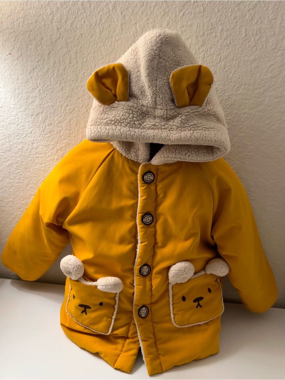 Mustard Yellow Teddy Ear Hooded Baby Jacket SHEIN 3-4T
